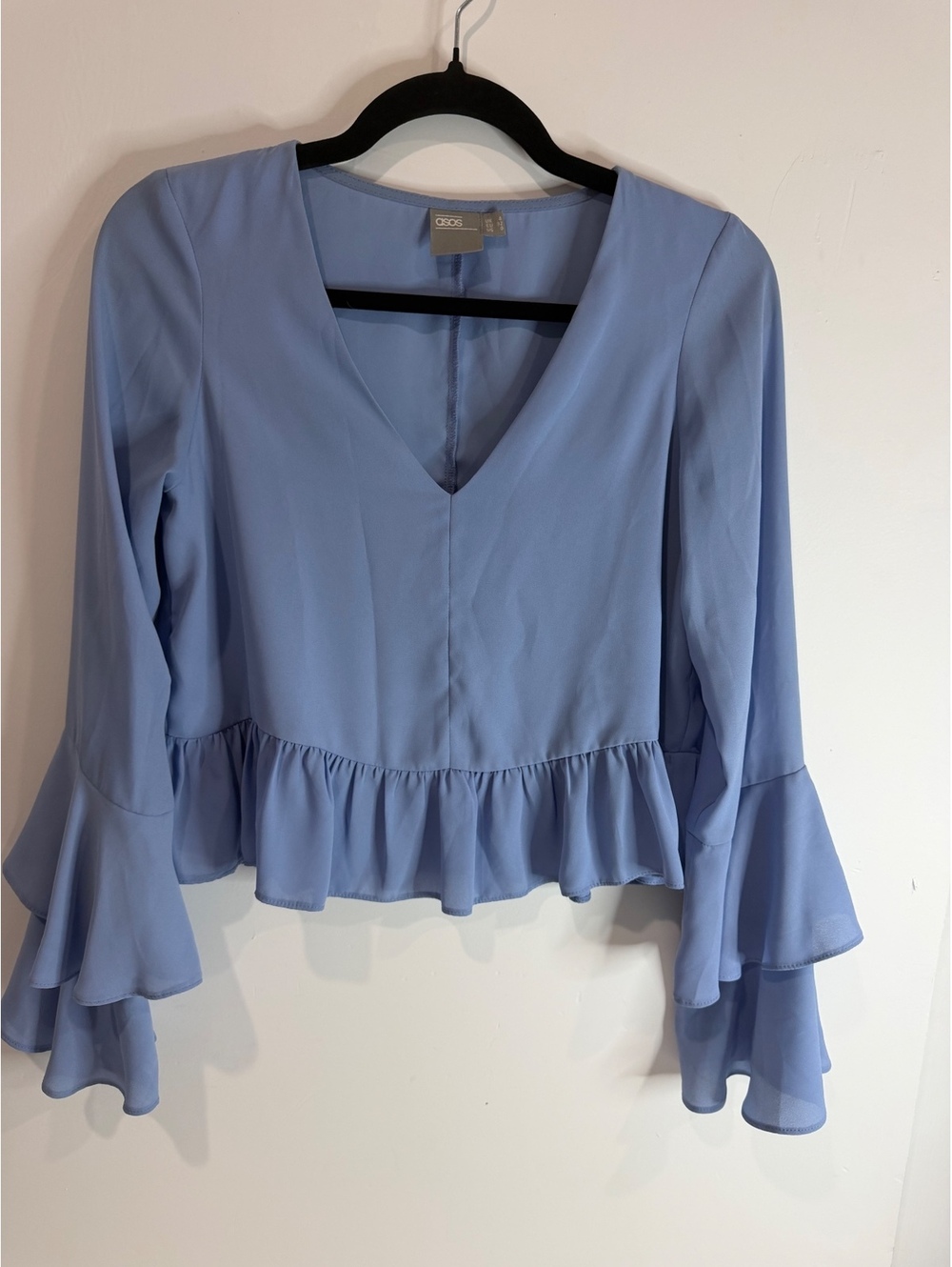 ASOS Light Blue V-Neck Peplum Blouse with Flared Sleeves UK Size 4